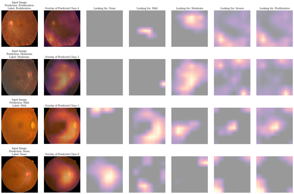 Grad-CAM attribution maps for 4 random images applied to the improved network. The attribution maps are relative to the class that the network is looking for, which is seen at the top of the columns.