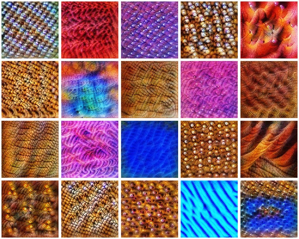 The same 20 random channel visualisations of the improved network from convolutional layer 7.